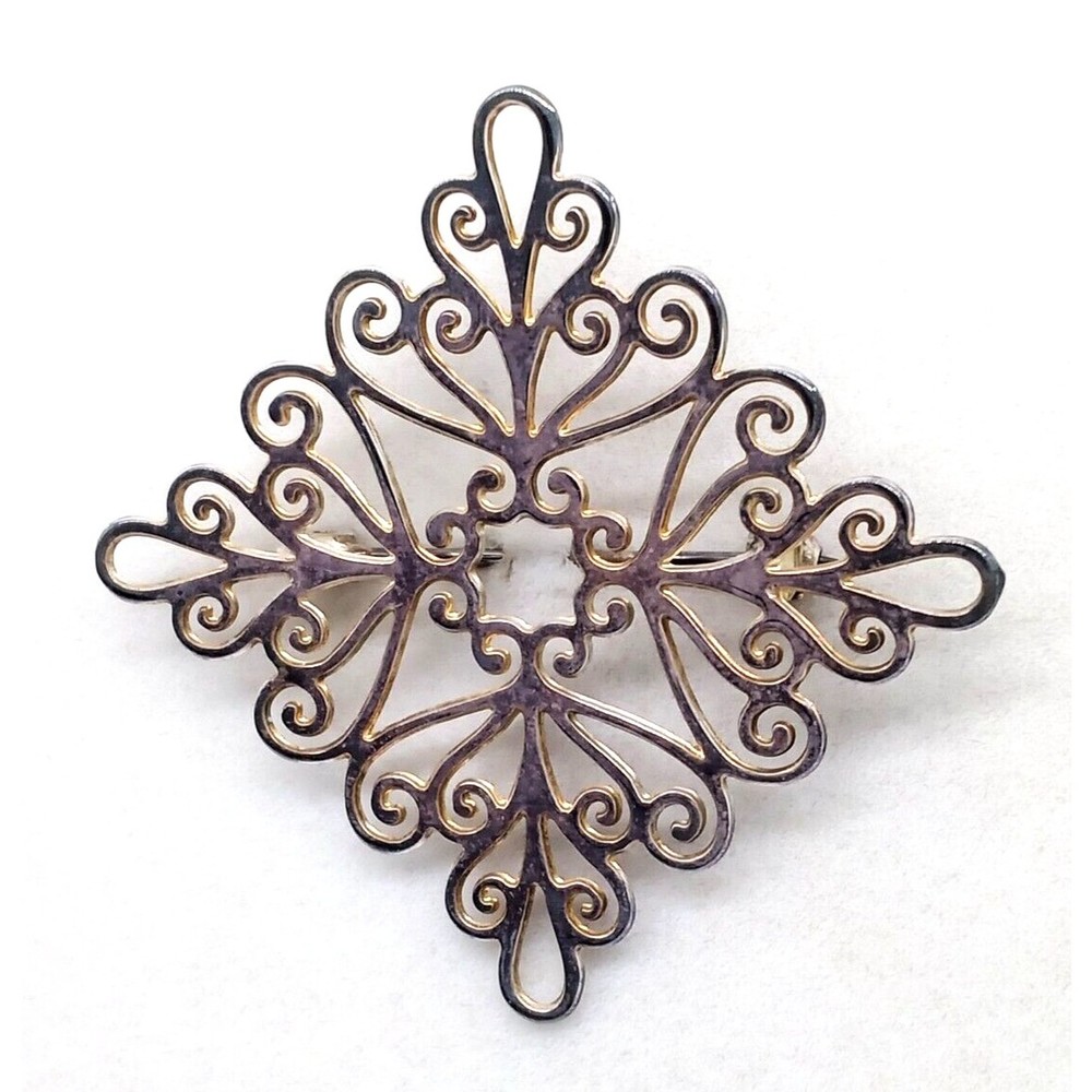 Vintage Scroll Design Brooch Pin Art Nouveau Silver Tone Metal Diamond Shaped